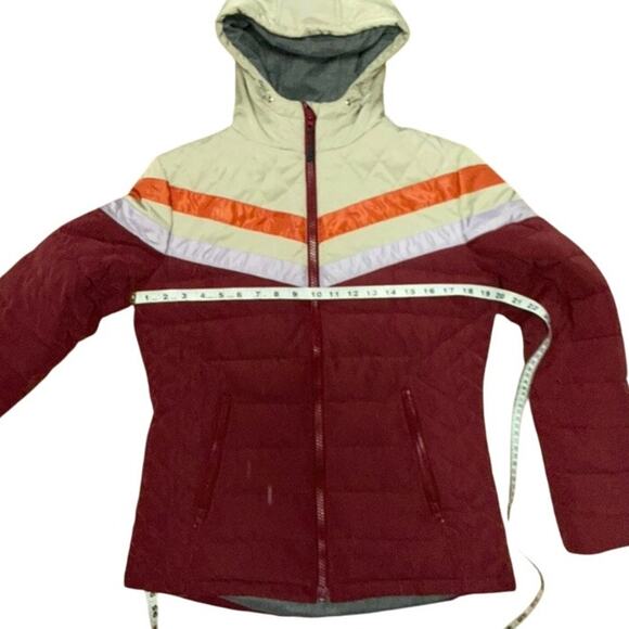 YO COLORADO Hooded Puffer Jacket Colorblock Retro Stripe Maroon Beige S/M - Picture 5 of 11